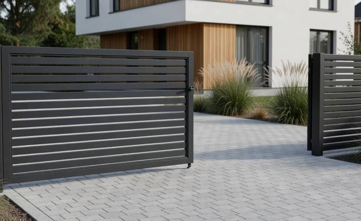 Brama z aluminium jako element frontu domu: lekkość, rytm i spójność z ogrodzeniem
