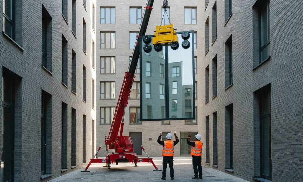 Dlaczego instalacja wielkoformatowych przeszkleń w gęstej zabudowie wymaga wsparcia mini żurawia