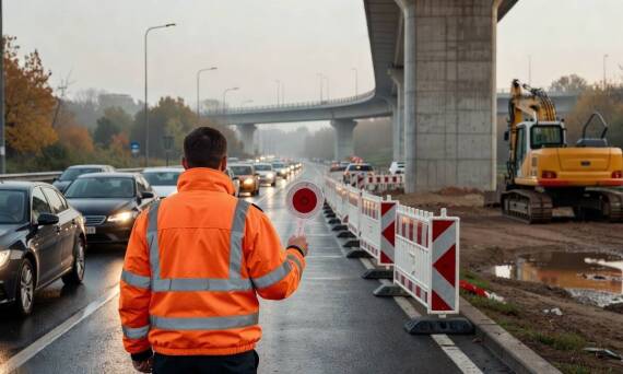 Kiedy kierujący ruchem przejmuje sterowanie na czynnej budowie drogi i mostu
